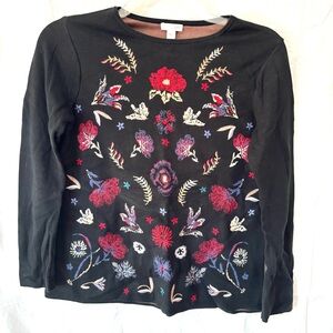 J. Jill Black Red EMBROIDERED Floral Print Sweater Wool & Cotton SZ XS NWOT